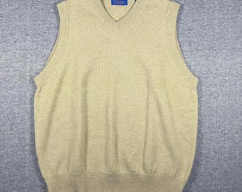Chaleco Pendleton vintage para hombre, talla grande, beige tostado, 100 % lana, suéter de cuello en V de los años 90, estilo cottage core