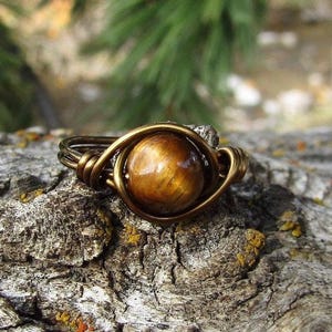 Tigers eye ring, tigers eye wire ring, tigers eye crystal ring, gemstone wire ring, wire wrapped ring, custom made ring, yellow tigers eye