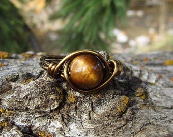 Anel de olho de tigre, anel de arame de olho de tigre, anel de cristal de olho de tigre, anel de arame de pedra preciosa, anel de arame enrolado, anel feito sob medida, olho de tigre amarelo