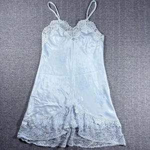 Vintage 90s Chemise Samye Blue Floral Satin Lace Lingerie Slip Dress Size Small Sexy