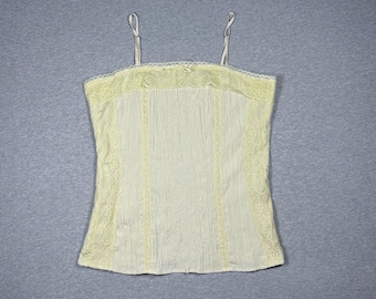 Y2K Coquette Lace Embroidered Cami Womens Large Tan/Yellow Bustier Corset Style Whimsical