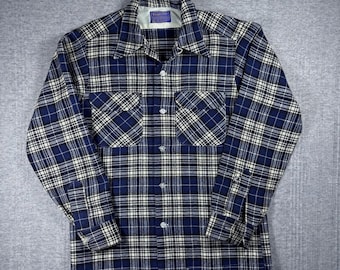 Vintage Pendleton Board Shirt Small Plaid 1960s Wool Loop Collar Flannel Blue Flawed *Read*