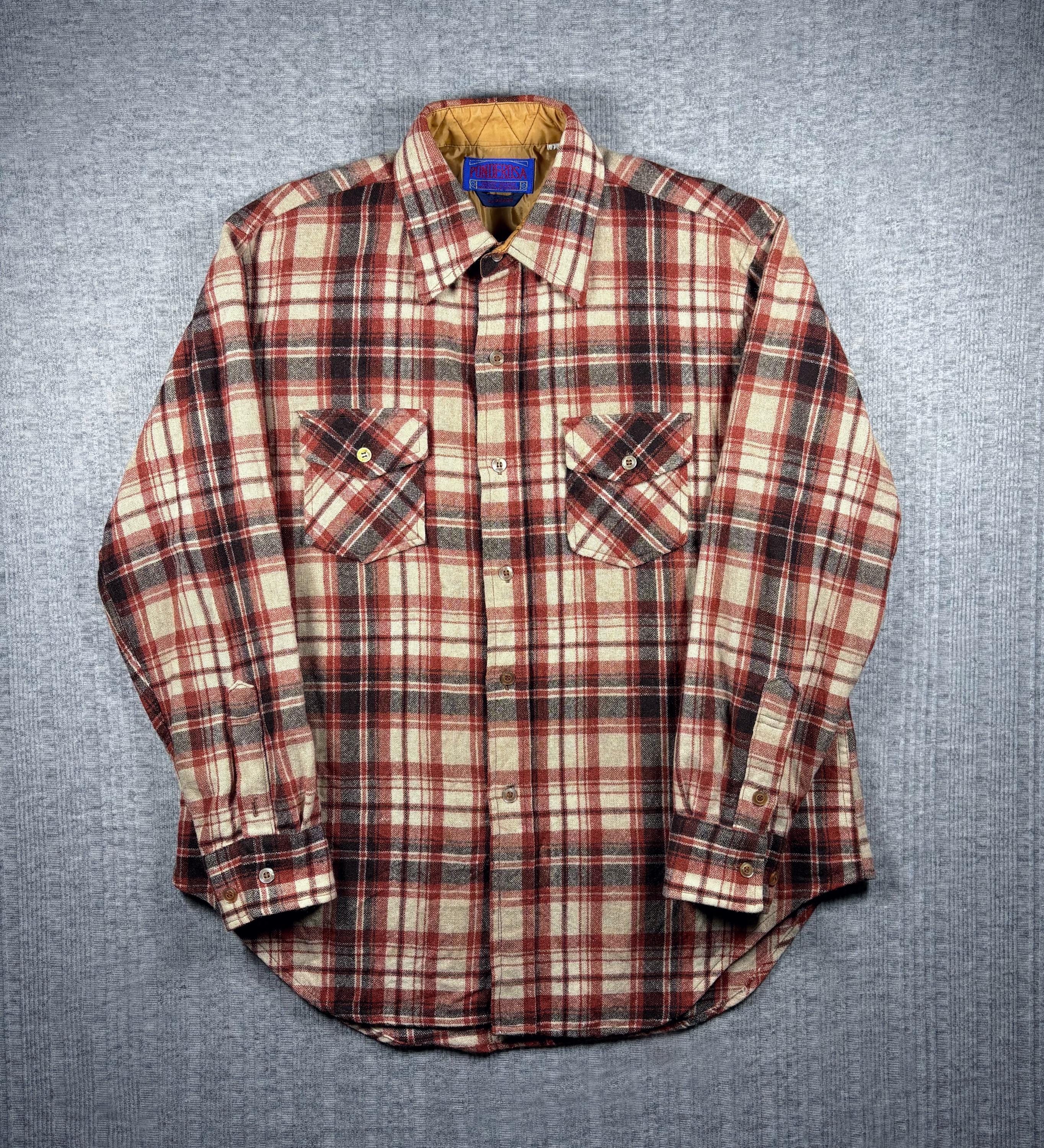 Vintage Wool Flannel Button Down Shirt Ponderosa Red Cream Mens L Plaid Shacket Western 80s