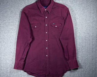 Chemise pression perlée Wrangler Brushpopper vintage toile épaisse bordeaux pour hommes 2XL USA Made Western Cowboy des années 90