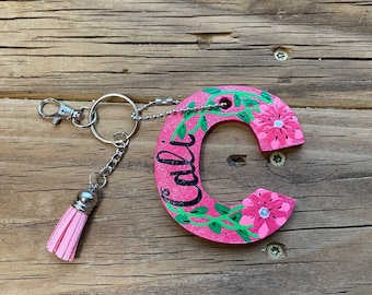 Hand-Painted Wooden Letter C Keychain | Initial, Floral Design