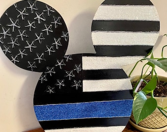 Thin Blue Line Mouse Ears Sign, Glittered Police Support Wall Art