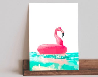 Flamingo Pool Float Print / Decoración de verano / Arte de la pared de la playa / Cartel de descarga instantánea / Arte rosa y verde azulado / Decoración amante del océano
