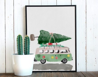 Vintage Volkswagen Van con cepillo de botella árbol de Navidad acuarela Digital Descargar / Whimsical vacaciones imprimible imprimible