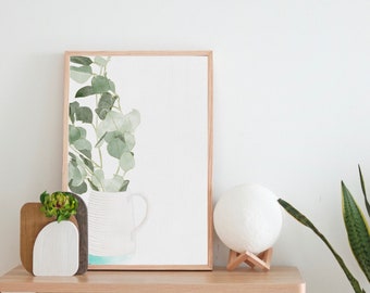 Hojas de eucalipto de acuarela en florero de cerámica imprimible / minimalista salón diseño / espuma de mar y arte de pared verde