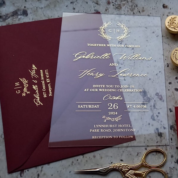 Wine Acrylic wedding invitation with rsvp  , Gold, silver, Rose gold Foil . Clear Wedding invite