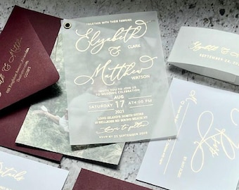 Elegant Photo  Foil vellum wedding invitations. Rose gold silver foil