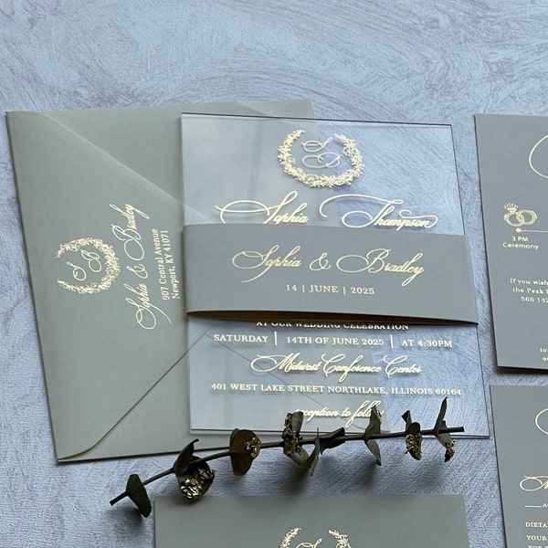 Elegante Acryl Hochzeitseinladung mit rsvp, Goldfolie Hochzeitseinladung, personalisierte Hochzeitseinladung Kit mit Rosegold Folie, Silberfolie.