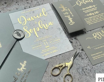 Acrylic  wedding invitation with rsvp  , Foil Wedding invite, Clear wedding invite, Gold foil, Rosegold foil, Silver foil