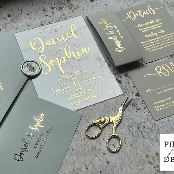 Foil Wedding Invitation Set: Acrylic & Grey Palette with RSVP