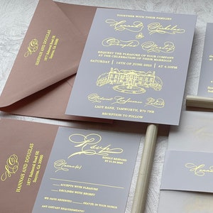 White Wedding invitation with venue sketch, Wedding invite and vellum jacket, gold foil, Rosegold foil, silver foil