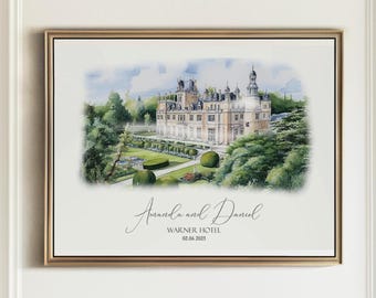 Custom Watercolor Wedding Venue Portrait – Personalized Venue Drawing & Sketch, Perfect Wedding or Anniversary Gift