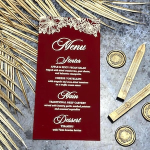 Burgundy Menu Cards: Vintage Foil Design for Weddings