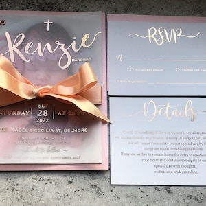 Foiled  Baptism invitations, vellum Christening invitation and photo , gold rose silver foil