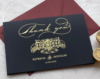 Personalized Venue Sketch Thank You Cards: Navy, Gold, Silver Foil