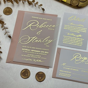 Vellum  foiled wedding invitations, Elegant wedding set with rsvp and detail cards