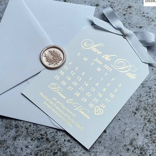 Save the Date card. Foil Calendar tag .   Wedding save the date