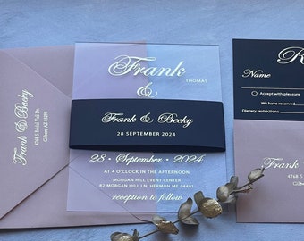 Acrylic wedding invitation with rsvp, Foiling Clear Wedding invite with Details cards, Rosegold Gold Silver foil