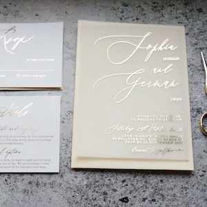 Elegant Foiled vellum wedding invitations with RSVP and Details cards. Gold, Rose gold , Silver foil