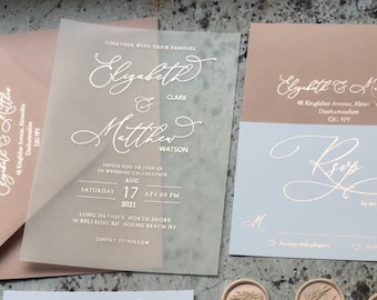 Vellum foiled  wedding invitations with rsvp