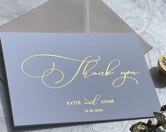 White wedding thank you cards. Rose gold, silver, gold foil