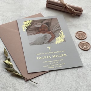 Photo  Baptism invitations, Personalized christening invitation with gold rose silver foil