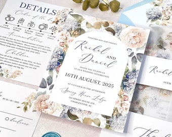 Printable Dusty Blue Wedding Invitation Template with Vellum jacket and Bellyband. Wedding Invitations set.