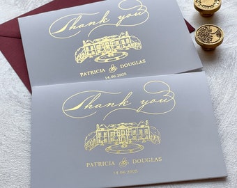 Personalized Wedding Thank You Cards: Venue Sketch, Foil Press