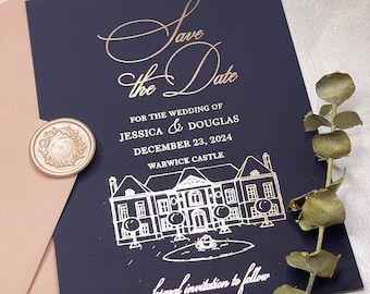 Rose Gold Foil Save The Date: Custom Venue Illustration