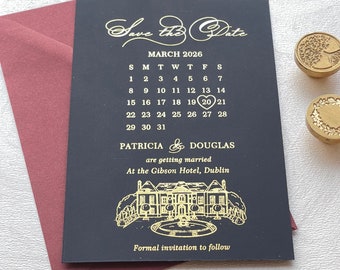 Navy blue Save The Dates with Custom wedding Venue sketch. Gold, Rose gold, Silver foil.