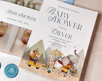 Animals Baby Shower invitation template. Editable Baby shower set with vellum jacket and bellyband.