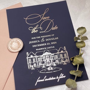 Rose Gold Foil Save The Date: Custom Venue Illustration