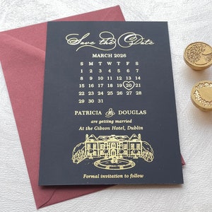 Navy blue Save The Dates with Custom wedding Venue sketch. Gold, Rose gold, Silver foil.