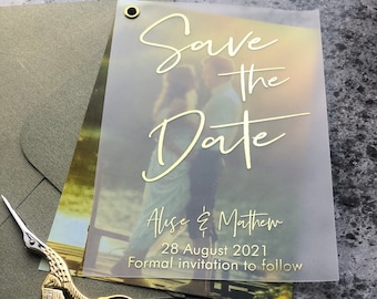 Vellum Photo  foil  Save the Date  , Wedding save the dates.   Rose gold silver foil