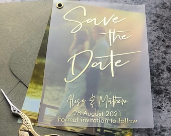 Vellum Photo Save the Date - Elegant Wedding Cards with Rose Gold and Silver Foil, Personalized Invitations for Your Special Day