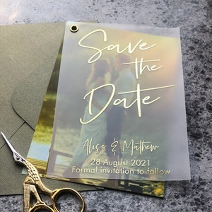 Vellum Photo  foil  Save the Date  , Wedding save the dates.   Rose gold silver foil