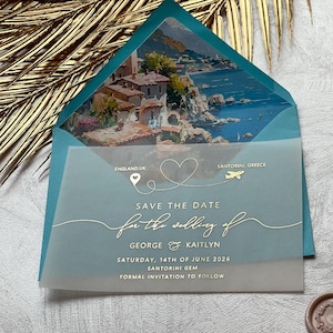Carte « Retenez cette date » pour la destination/Remarques grecques/Vélin, or rose, or, feuille d'argent.