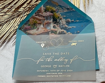 Destination save the date card/Greek save the date/ Vellum, rose gold, gold, silver foil.