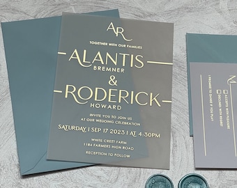 Wedding invitations vellum with rose gold, gold , silver foil