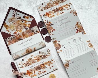 Autumn all in one wedding invitation, Fall concertina wedding invitations with vellum jacket, belly band and envelope insert.