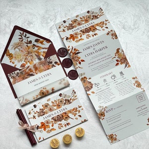 Autumn all in one wedding invitation, Fall concertina wedding invitations with vellum jacket, belly band and envelope insert.