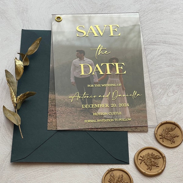 Acrylic Save the Date, Photo  Save the dates with Gold, Silver, Rose gold foil.