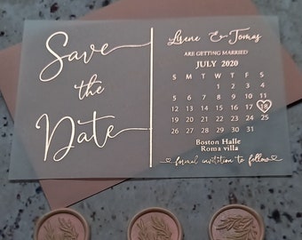 Vellum foil wedding save the date calendar. Gold rose silver foil