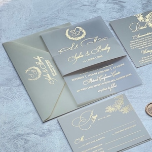 5x7 Foiled wedding invitations, Elegant vellum wedding invitations kit in Rose gold, gold, silver foil