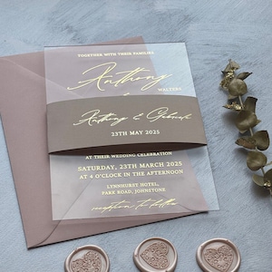 Personalized Wedding Invitation Acrylic Suite | Clear Invite with RSVP in Gold & Silver Foil Design