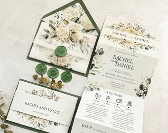 Summer all in one wedding invitation, Concertina wedding invitations with vellum jacket, belly band and envelope insert.